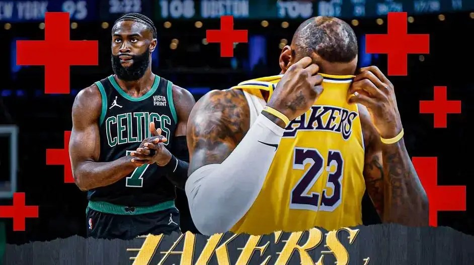 LeBron James and Jaylen Brown looking sad with several medical cross symbol in the background