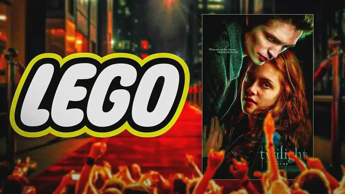 LEGO logo next to Twilight poster and red carpet background.