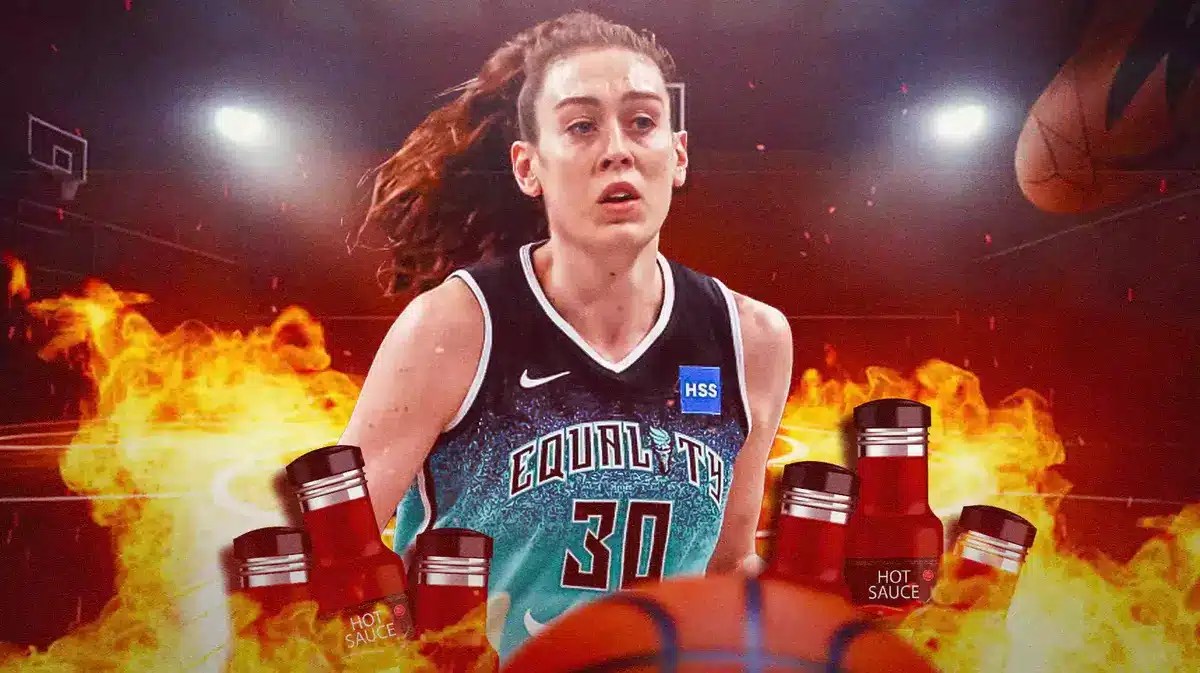 New York Liberty player Breanna Stewart, with hot sauce bottles and fire, on a basketball court
