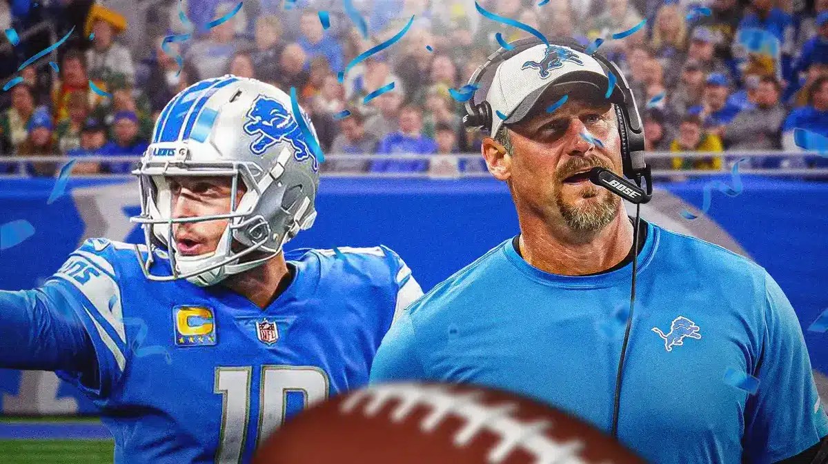 Jared Goff, Dan Campbell. Lions colored confetti all around