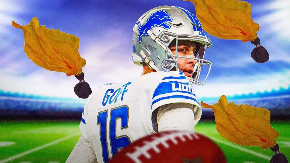 Detroit Lions quarterback Jared Goff surrounded by penalty flags