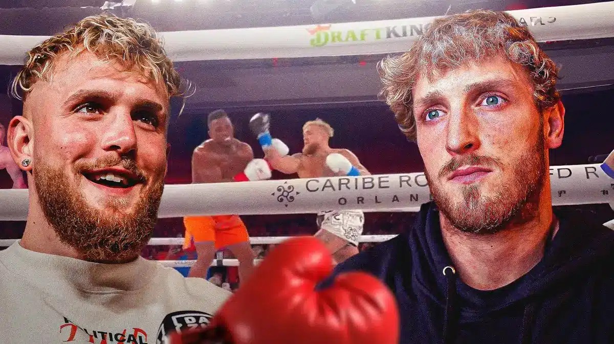 Jake Paul smiling and Logan Paul looking shocked.