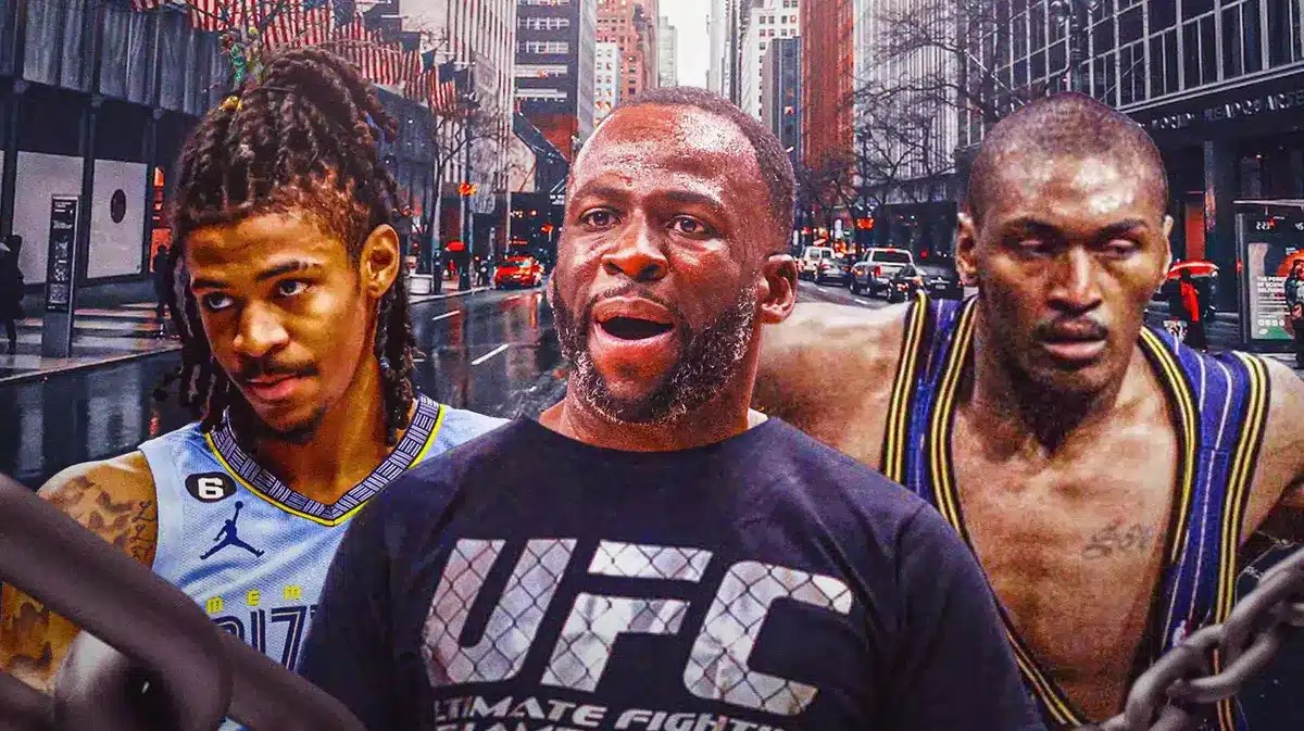 In the middle is Draymond Green with UFC gloves on. Around him is Ron Artest on the Pacers with his ripped jersey from the malace at the palace, and Ja Morant. “Suspended” in big red letters