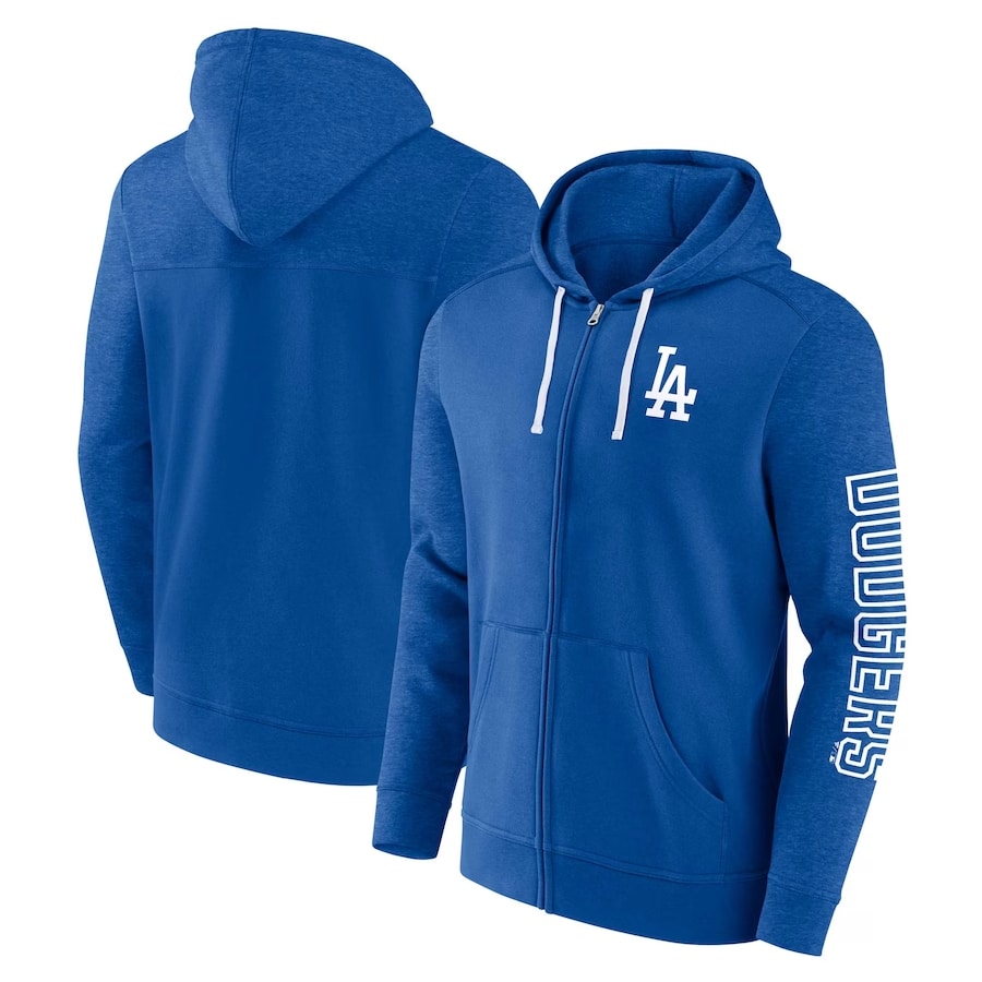 Los Angeles Dodgers Fanatics Branded Offensive Line Up Full-Zip Hoodie - Royal color on a white background.