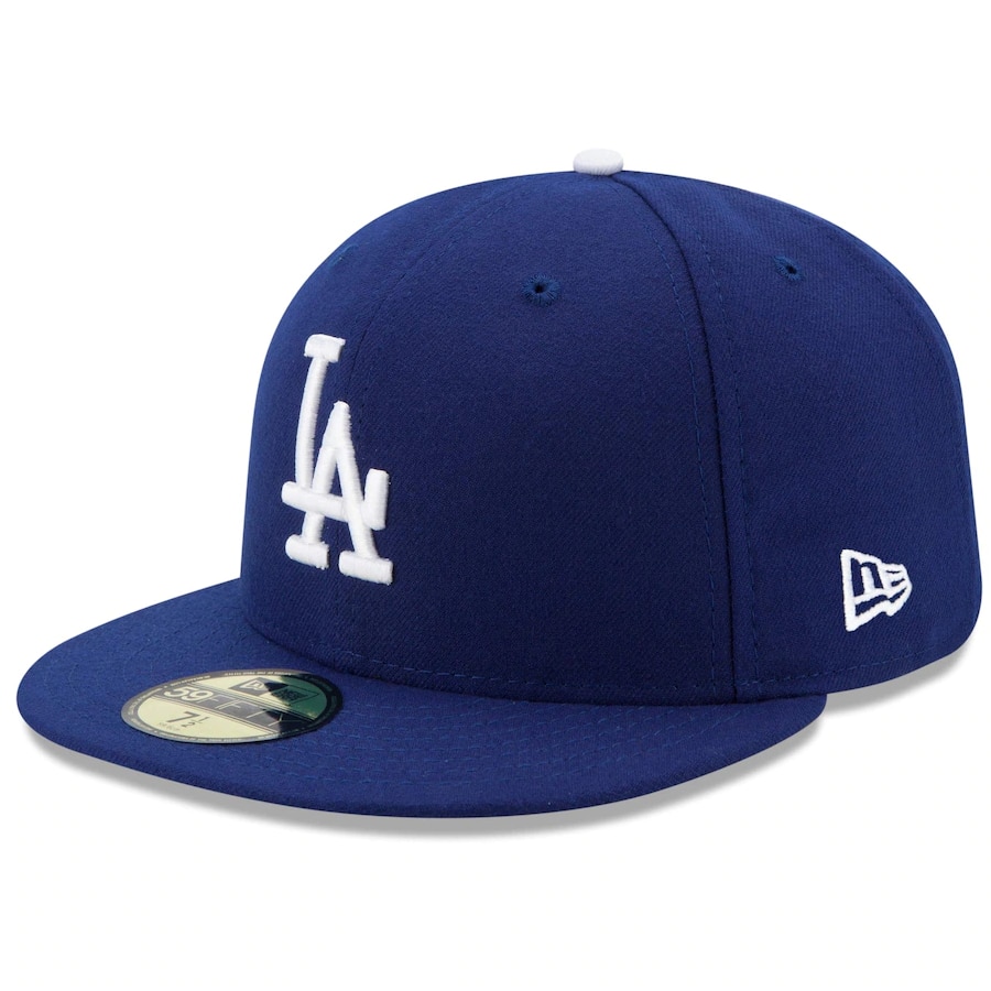 Los Angeles Dodgers New Era Authentic Collection On Field 59FIFTY Performance Fitted Hat - Royal Blue color on a white background.