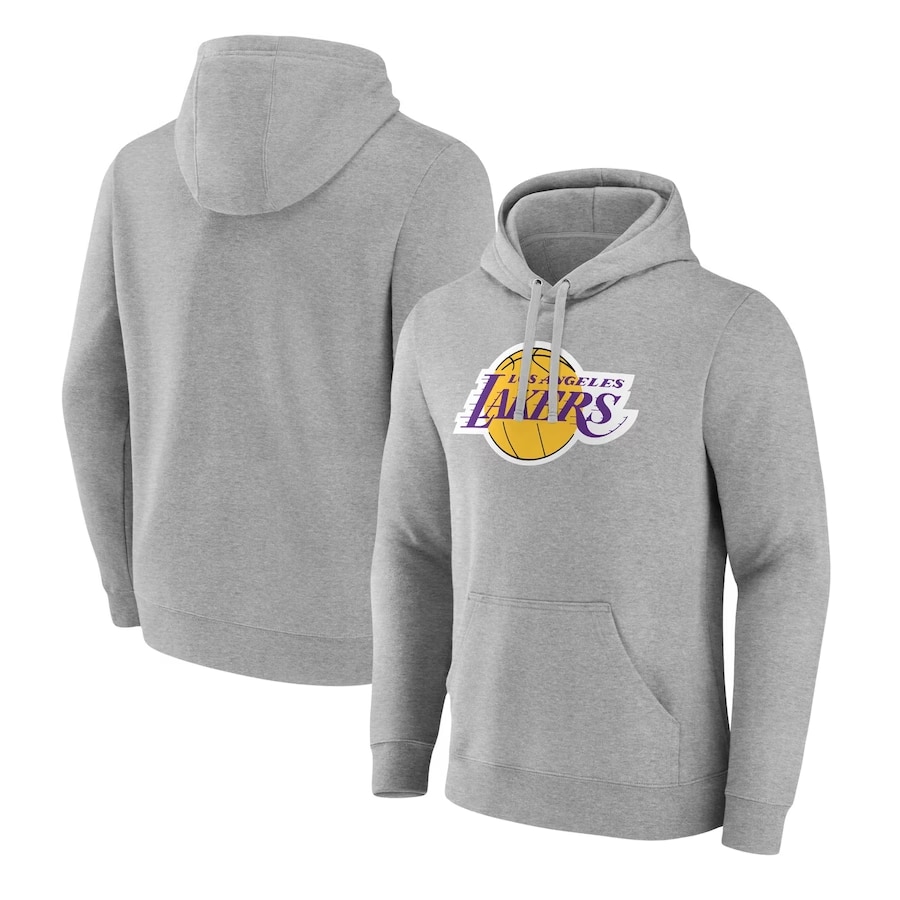 Los Angeles Lakers Fanatics Branded Primary Logo Pullover Hoodie - Heather Gray colored on a white background.