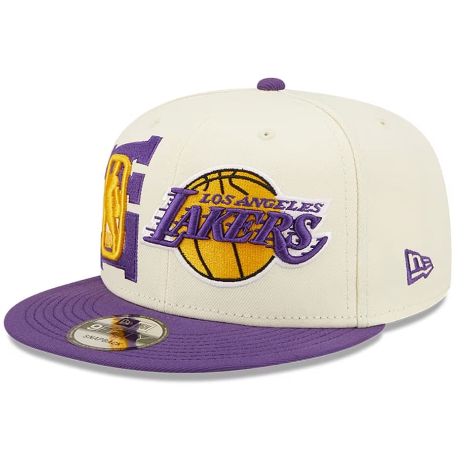 Los Angeles Lakers New Era 2022 NBA Draft 9FIFTY Snapback Adjustable Hat - Cream/Purple colorway on a white background.
