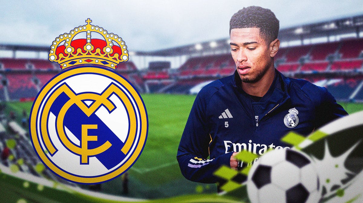 Jude Bellingham looking down/sad in front of the Real Madrid logo