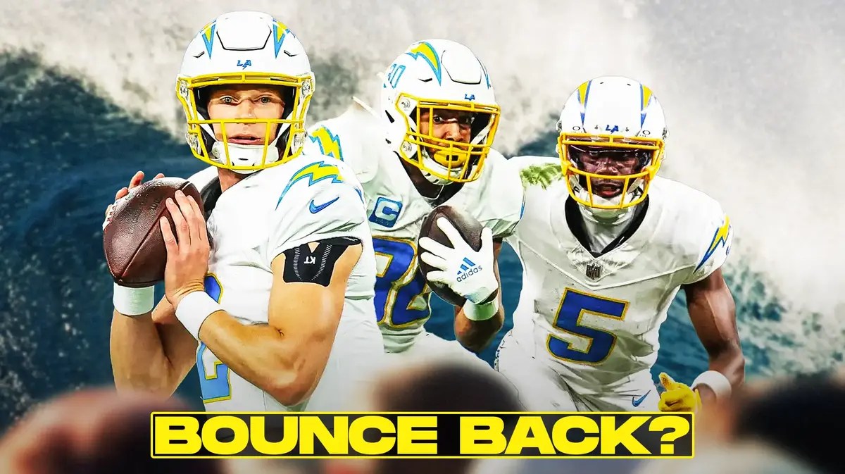 Easton Stick, Austin Ekeler, Josh Palmer all beside each other with a tidal wave in the background.