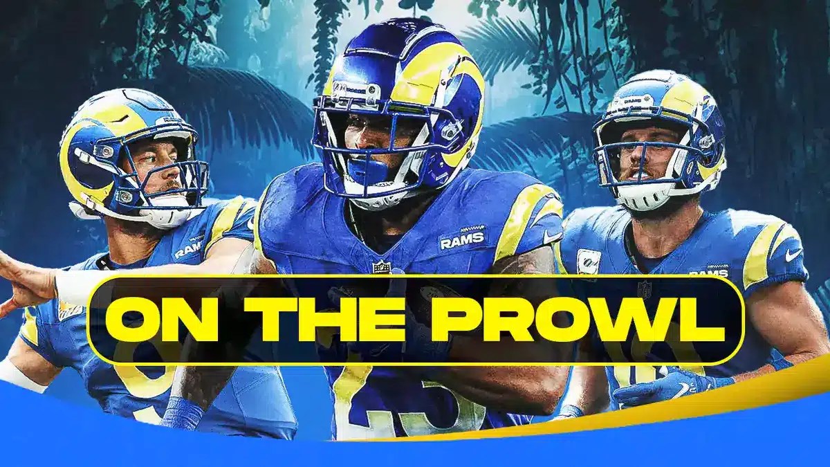 Matthew Stafford, Kyren Williams, Cooper Kupp all beside each other with the jungle in the background.