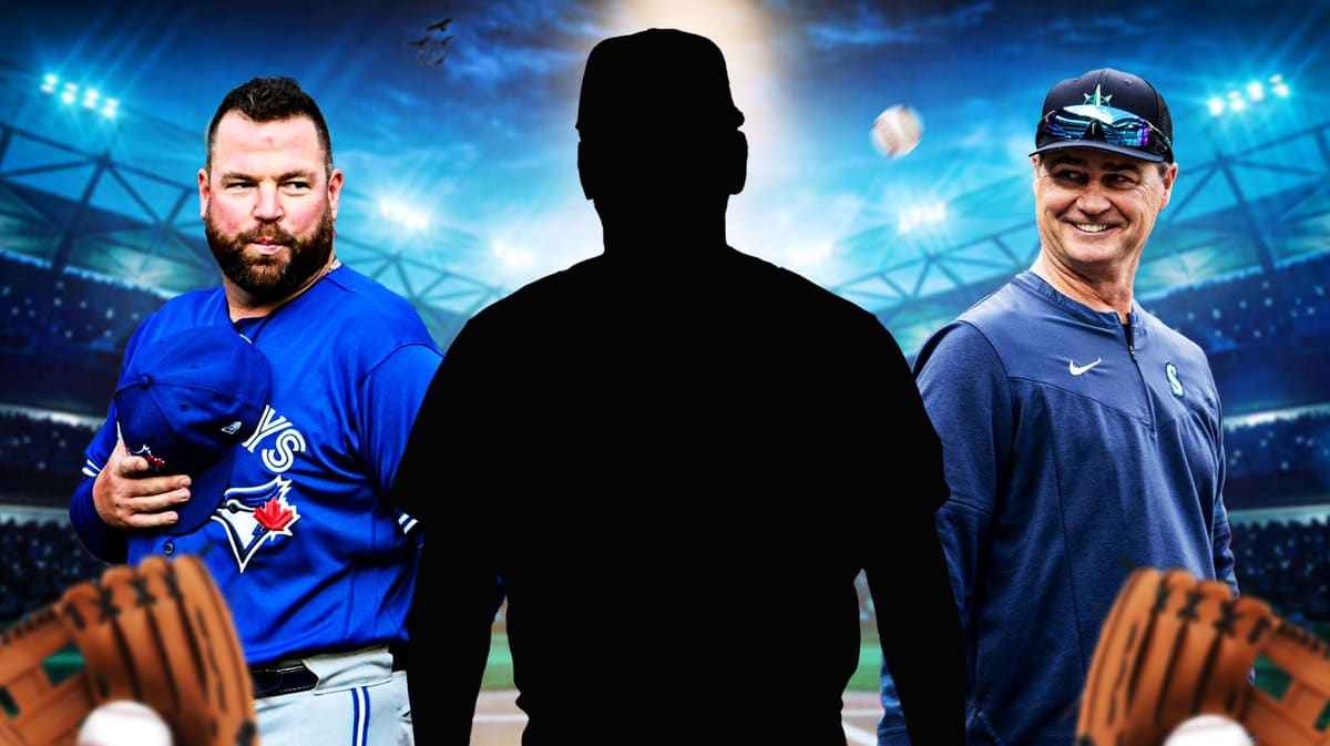Toronto Blue Jays manager John Schneider, silhouette of Isaac Paredes, and Seattle Mariners manager Scott Servais