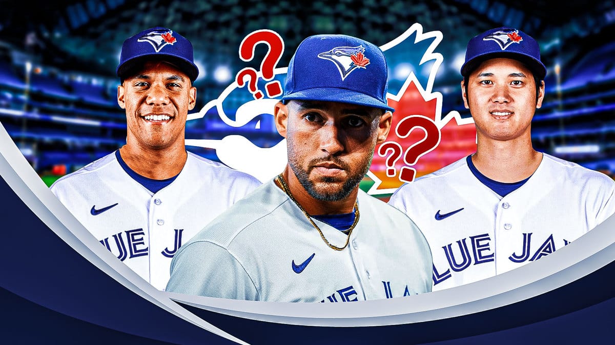 George Springer with question marks around him. Shohei Ohtani, Juan Soto in Blue Jays uniforms