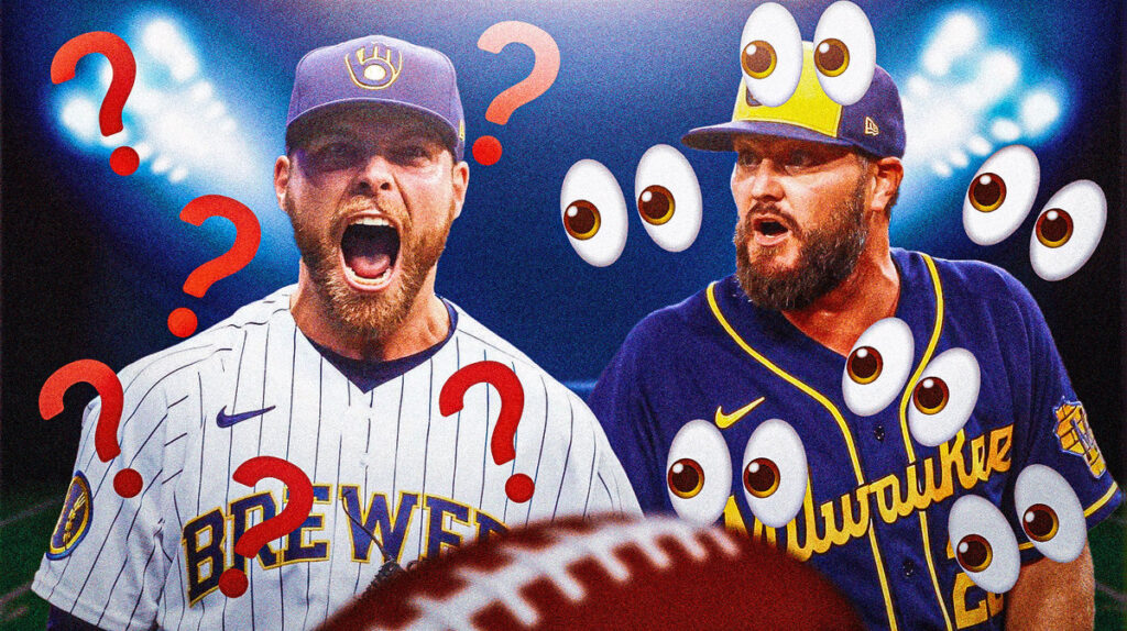 Brewers player Wade Miley with eyeball emojis around Miley, next to Brewers player Corbin Burners with question mark emojis around Burnes