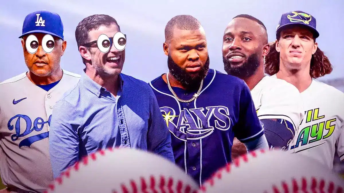 Photo: Dodgers' Dave Roberts, Andrew Freidman with peeping eyes, Tyler Glasnow, Randy Arozarena, Manuel Margot in Rays jerseys