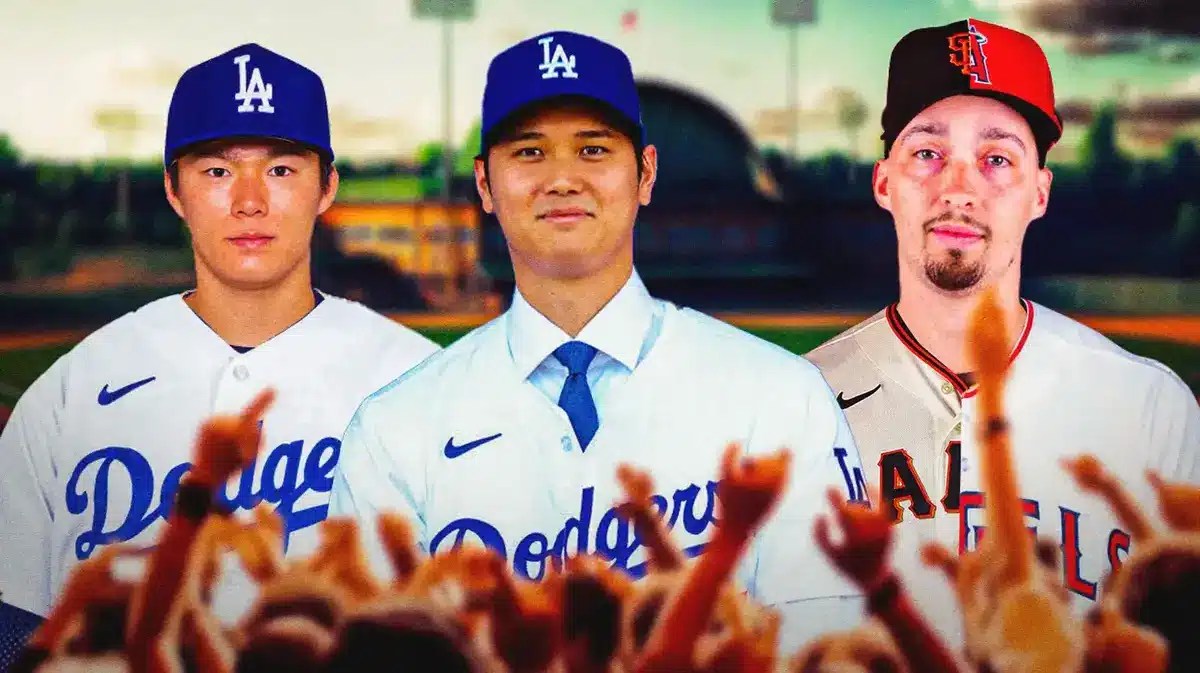 Dodgers' Yoshinobu Yamamoto smiling on the left, Dodgers' Shohei Ohtani on the right, with Blake Snell wearing a half Giants and half Angels uni in the middle