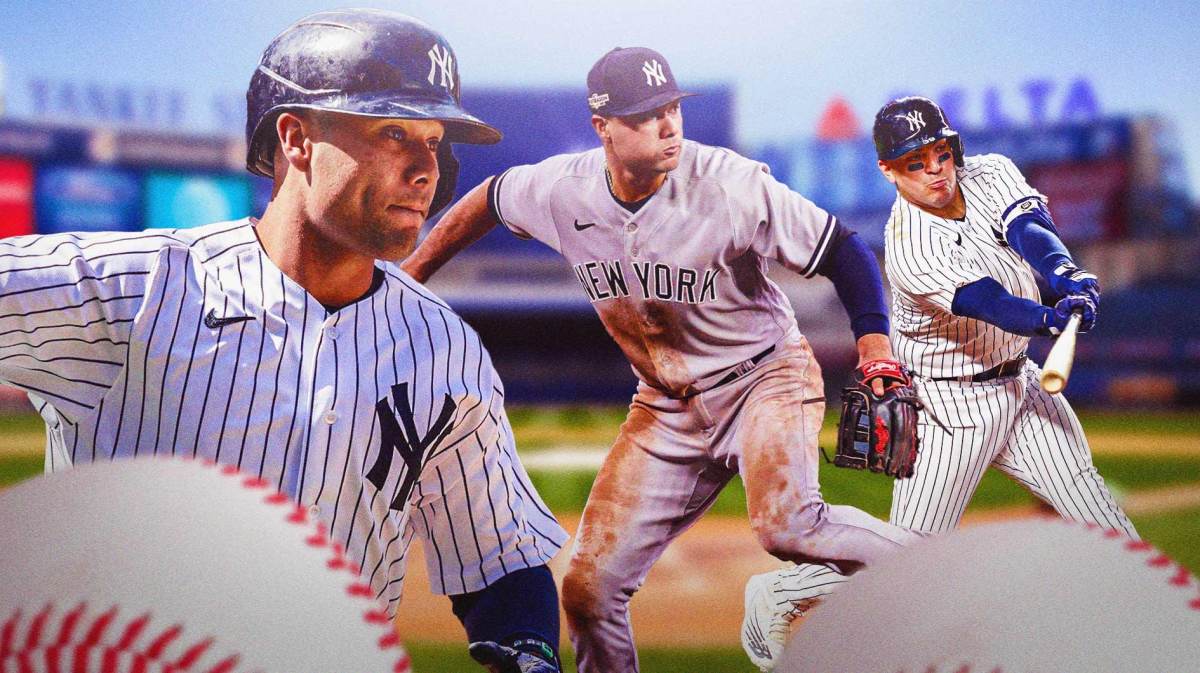 Multiple pictures of Yankees' Isiah Kiner-Falefa: from left to right, him fielding the ball, him swinging the bat, and him pitching