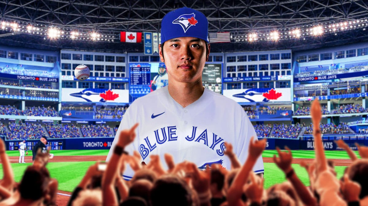 Superstar free agent Shohei Ohtani in a Toronto Blue Jays jersey after potentially meeting with the team during the MLB Winter Meetings