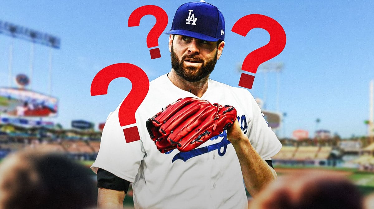 Photo: Lucas Giolito pitching in Dodgers jersey, question marks above him, Dodger Stadium as background
