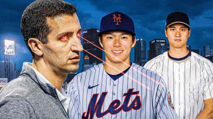 Photo: David Stearns with laser eyes looking at Yoshinobu Yamamoto in Mets jersey, Shohei Ohtani in blank jersey