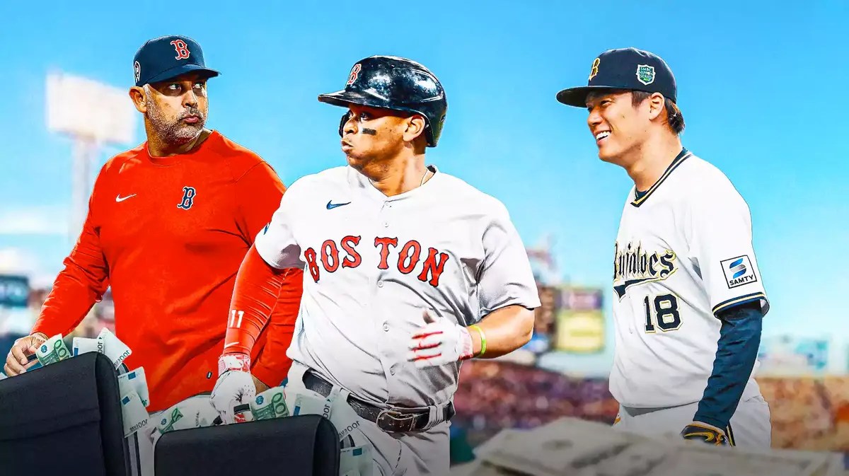 Red Sox’s Alex Cora and Rafael Devers holding suitcases full of cash with Yoshinobu Yamamoto looking on, smiling
