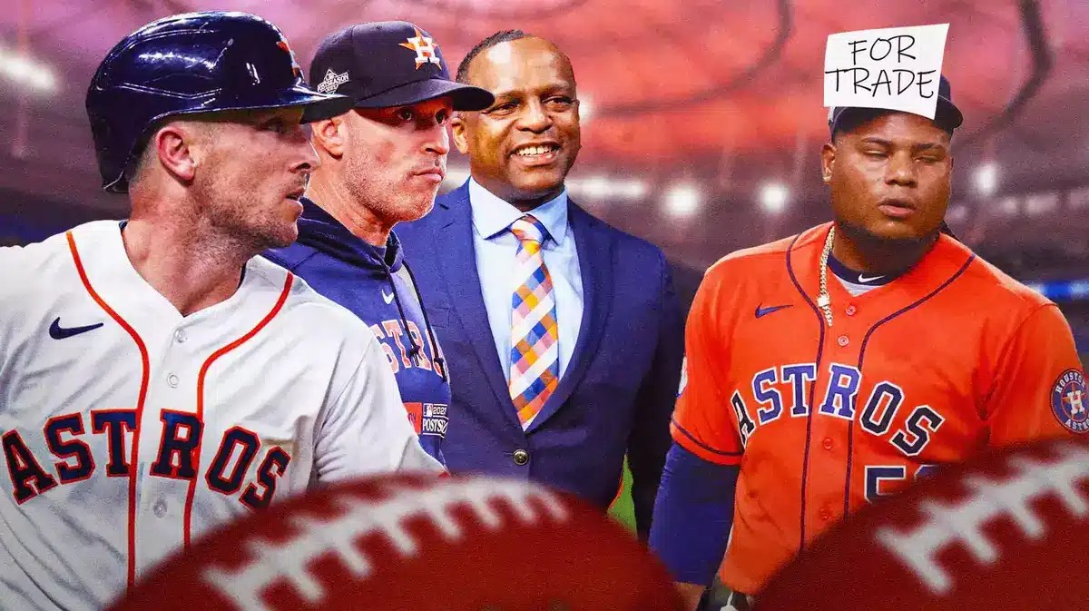 Astros' Alex Bregman, Joe Espada, and Dana Brown looking at Framber Valdez with a “FOR TRADE” sign on Valdez’s forehead