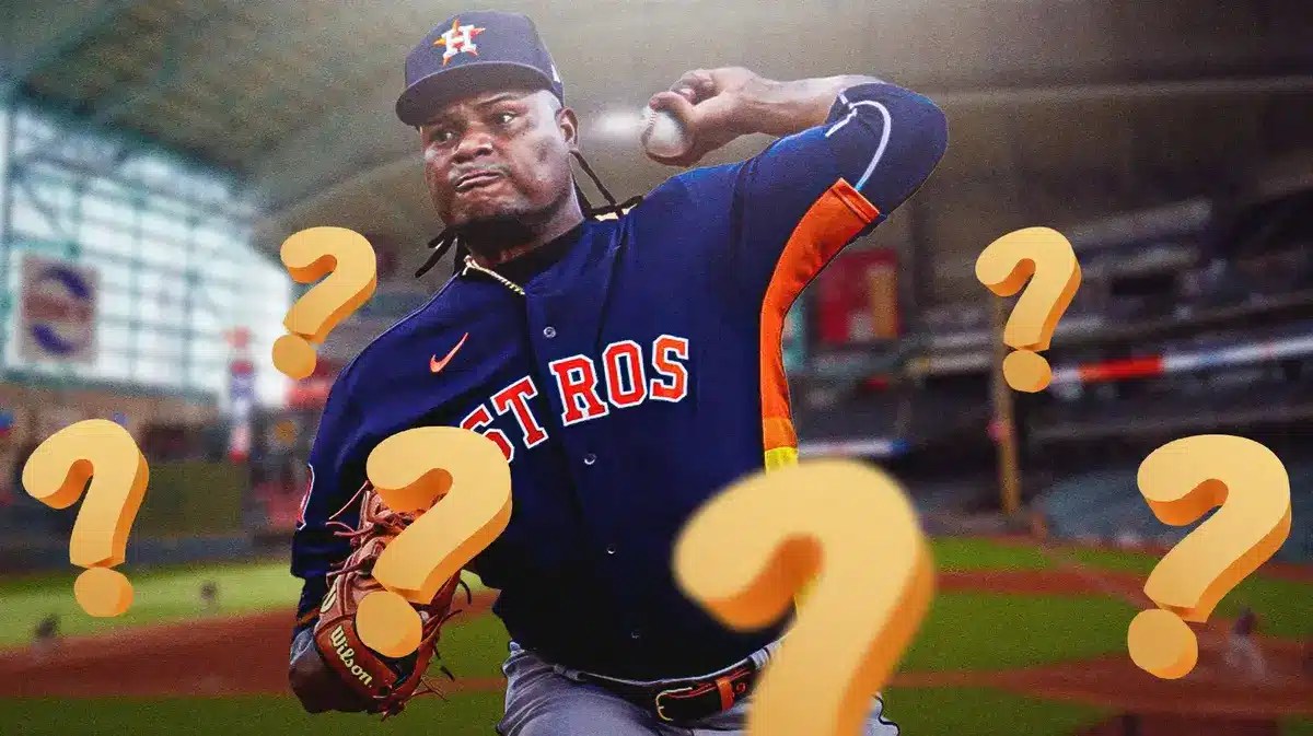 Astros' Framber Valdez pitching a baseball at Minute Maid Park. Place a question mark next to him.