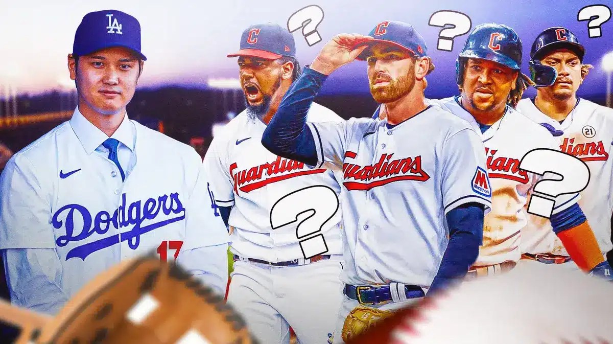 Dodgers' Shohei Ohtani on left. Guardians' Shane Bieber, Guardians' Emmanuel Clase, Guardians' Jose Ramirez, Guardians' Josh Naylor on right. Question marks around the Guardians players.