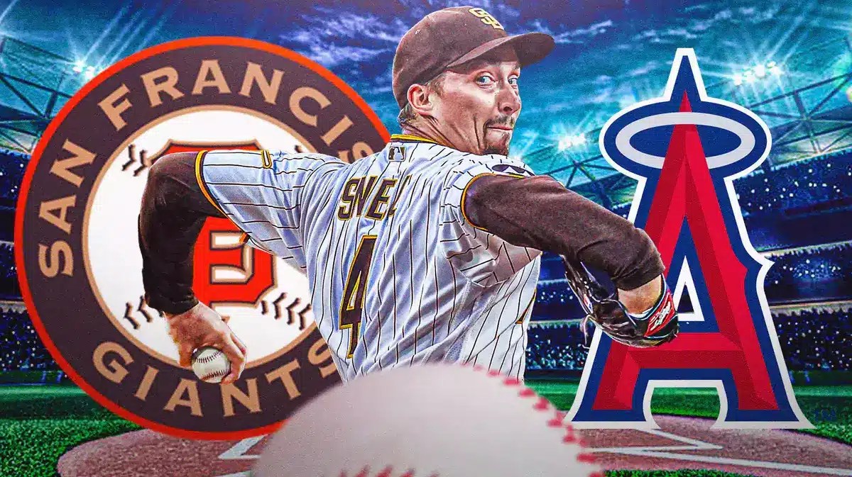 Padres' Blake Snell pitching a baseball. SF Giants logo on left, Angels logo on right.