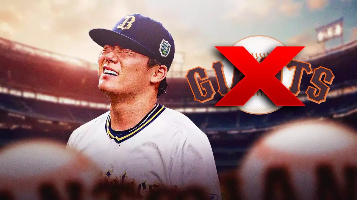 Japanese pitcher Yoshinobu Yamamoto and next to him a San Francisco Giants logo with a big red X across it x to signify they won’t be signing him.
