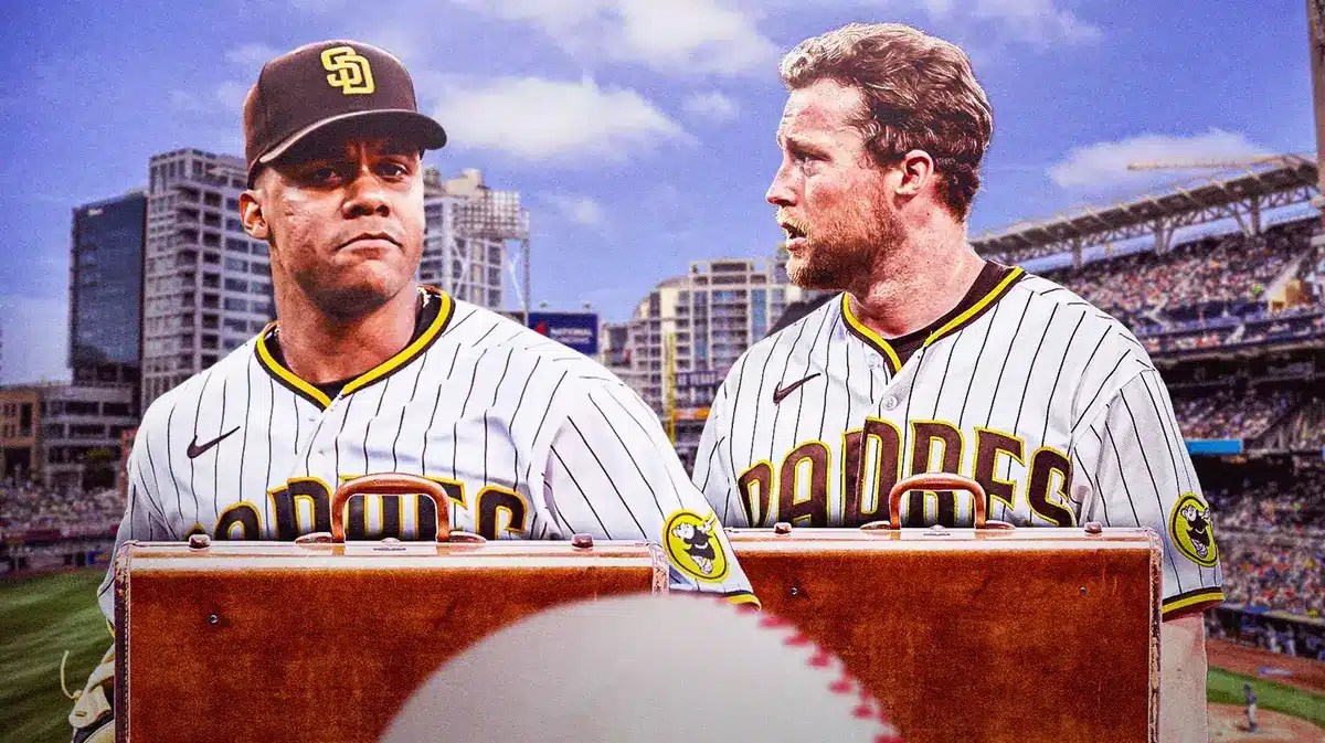 Padres' Jake Cronenworth and Padres' Juan Soto both holding suitcases