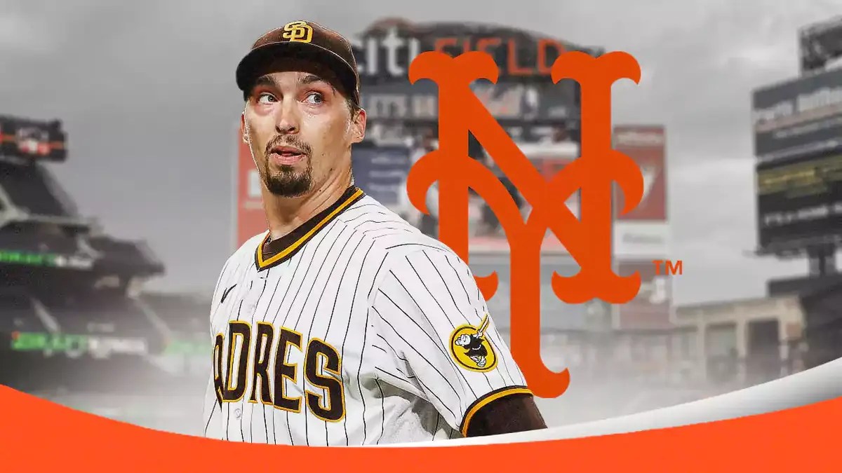 Padres' Blake Snell next to the Mets logo.
