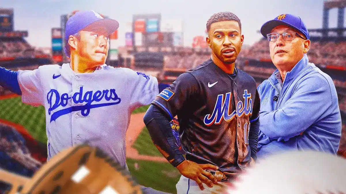 Yoshinobu Yamamoto in a Dodgers uniform on left. Mets' Steve Cohen on right. Mets' Francisco Lindor on right.