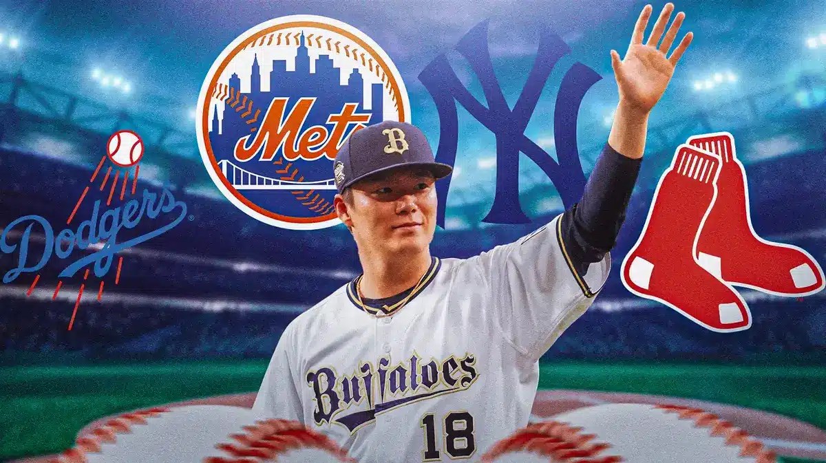 Yoshinobu Yamamoto. Yankees, Dodgers, Mets, Red Sox logos