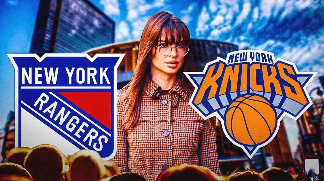 Emily Ratajkowski between New York Rangers and New York Knicks logo