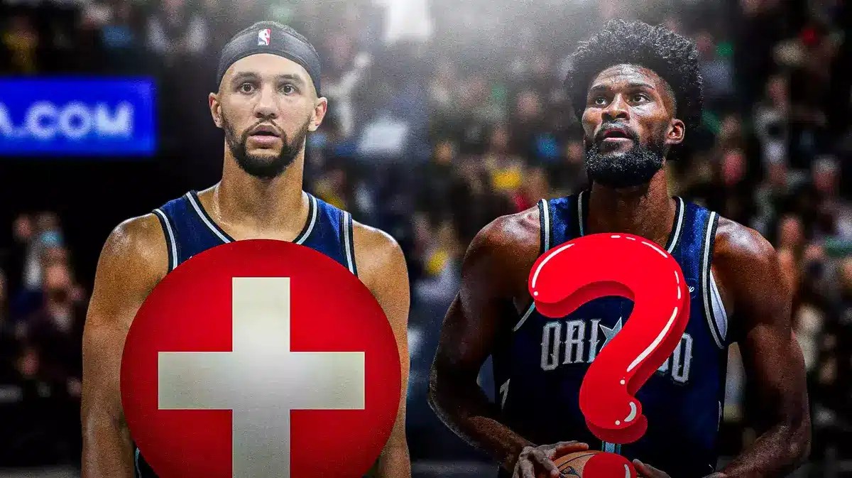 Magic's Jalen Suggs and Jonathan Isaac with red medical symbol and question mark