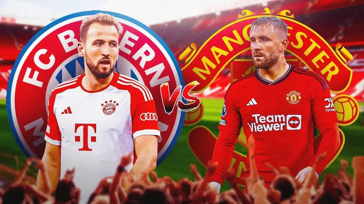 Harry Kane, Bayern Munich logo vs. Luke Shaw, Man United logo.