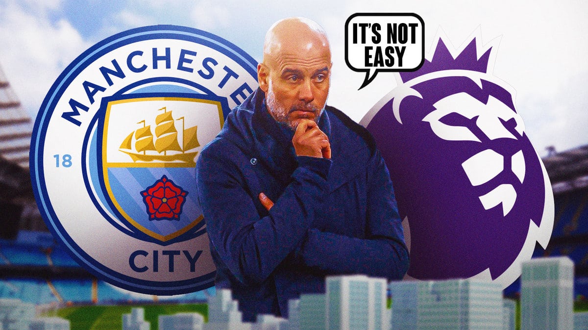 Pep Guardiola saying: 'It’s not easy' in front of the Manchester City and Premier League logos
