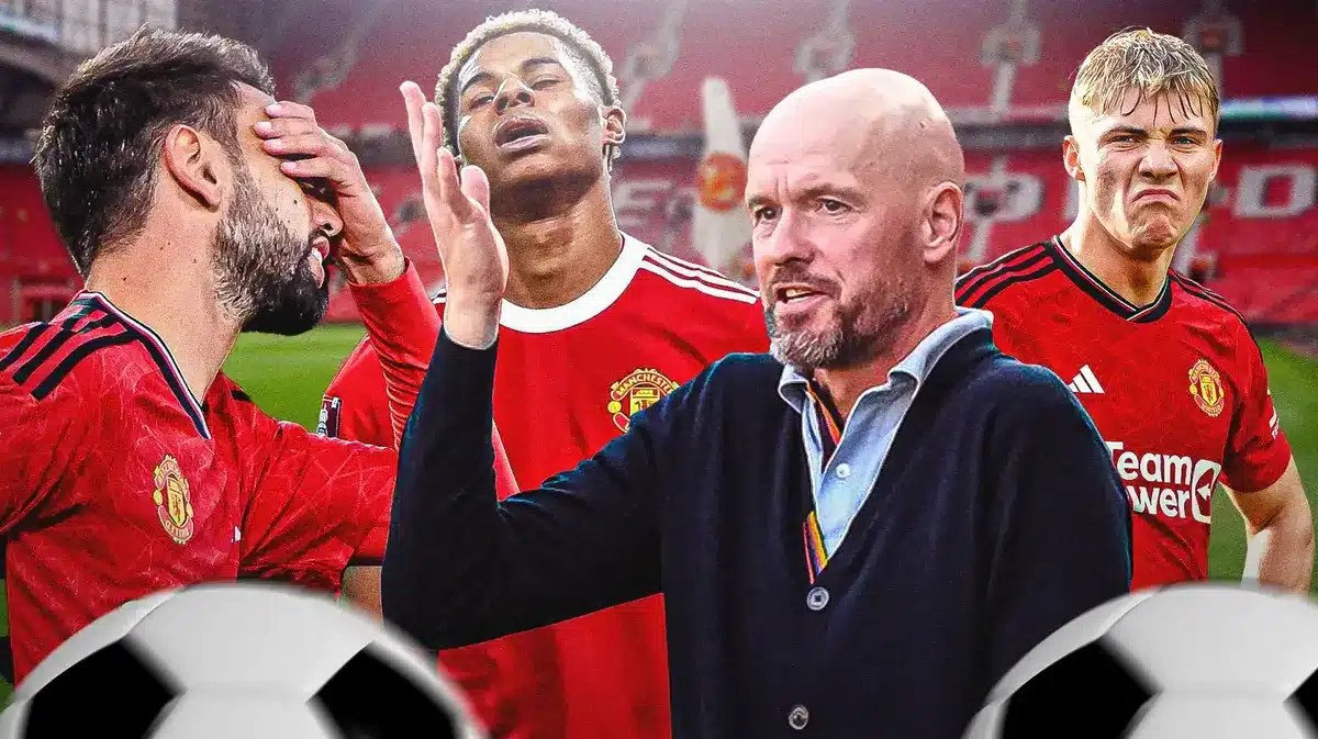 Photo: Erik ten Hag looking stressed coaching Manchester United, Marcus Rashford, Bruno Fernandes, Rasmus Hojlund behind him in Man United jerseys looking pissed off