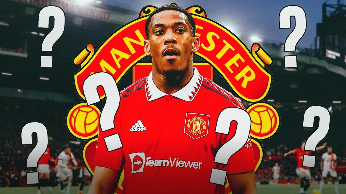 Anthony Martial in front of the Manchester United logo, questionmarks around him