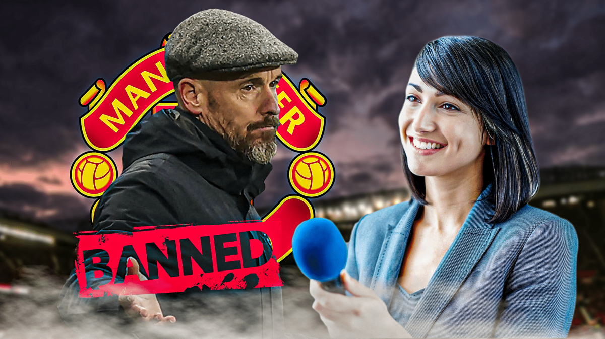 Erik ten Hag talking to the press, a ‘Banned’ sign in front of him, the Manchester United logo behind him