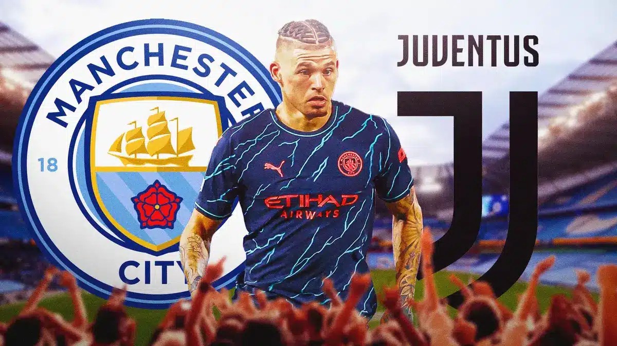Kalvin Phillips in front of the Manchester City and Juventus logos
