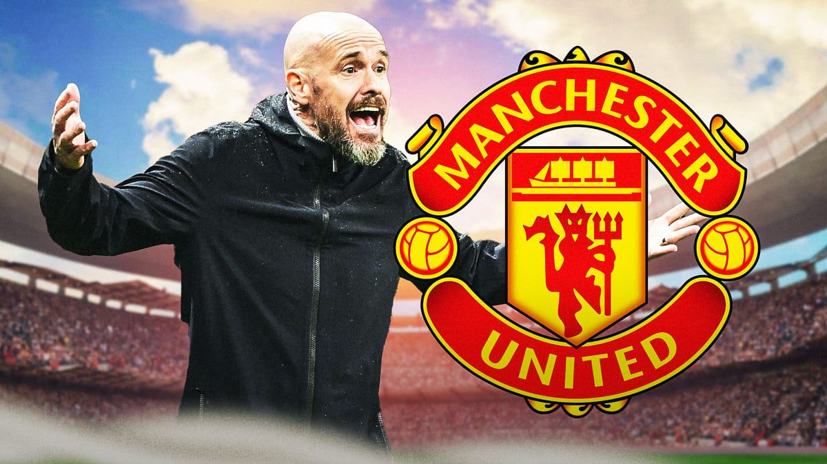 Erik ten Hag shouting towards the fans, the Manchester United logo behind him