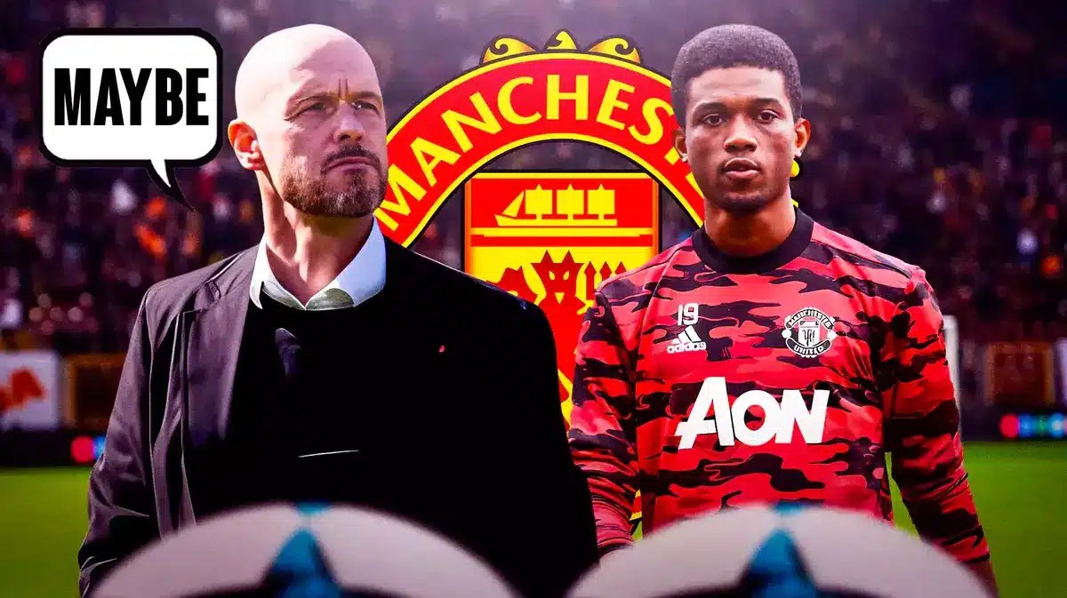 Erik ten Hag saying:'Maybe' next to Amad Diallo, the Manchester United logo behind them