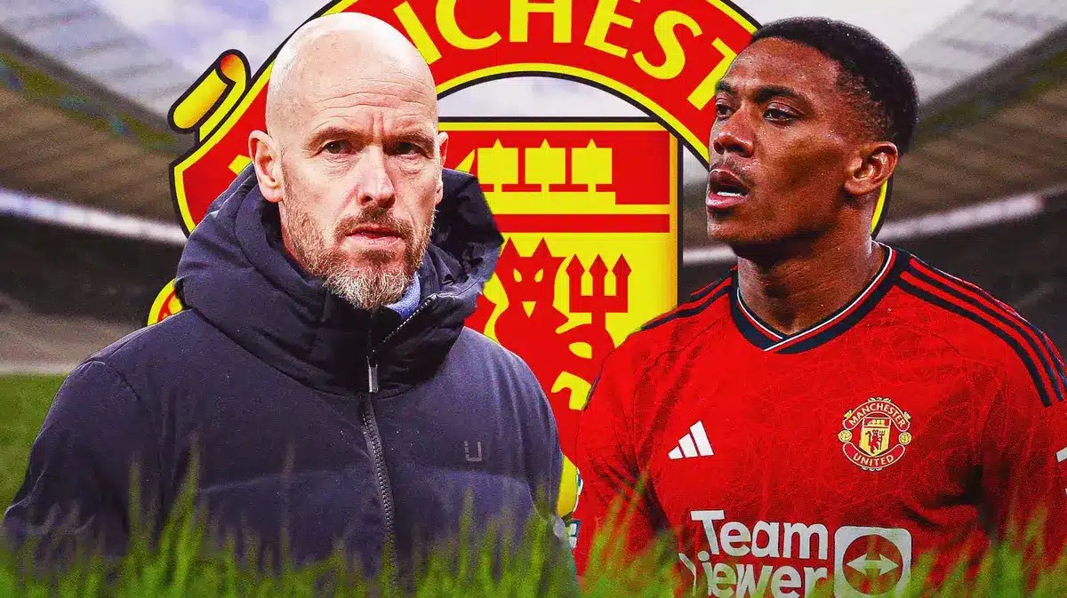 Anthony Martial and Erik ten Hag in front of the Manchester United logo