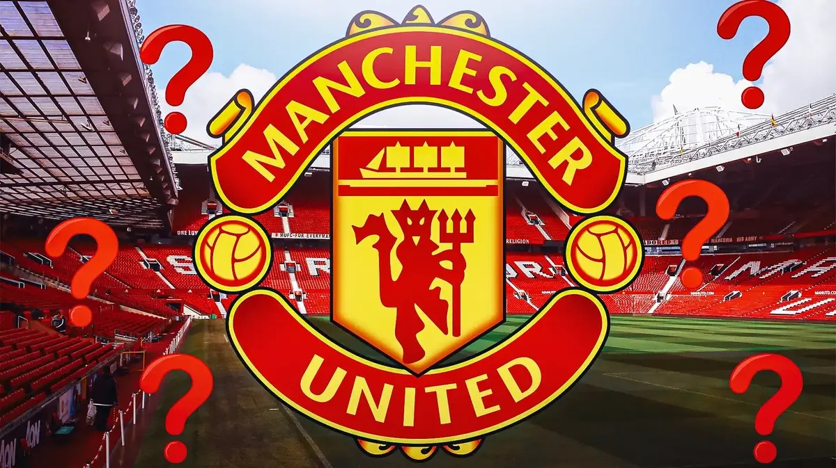 The Old Trafford stadium with the Manchester United logo in the middle, questionmarks in the air