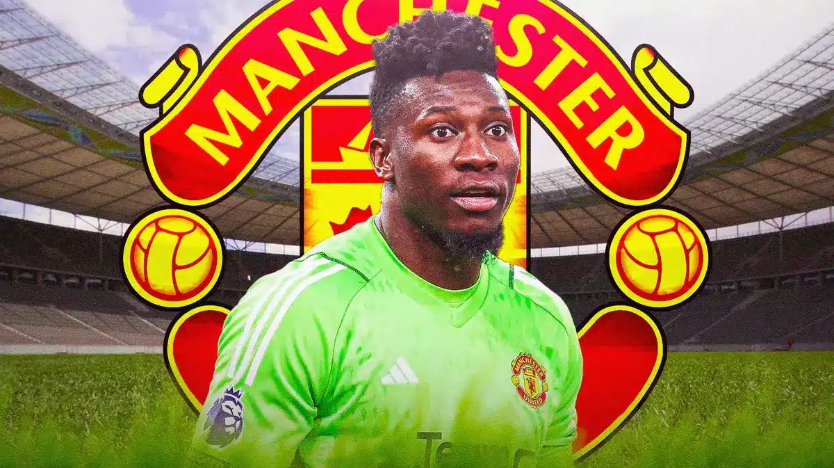 Andre Onana shouting in front of the Manchester United logo