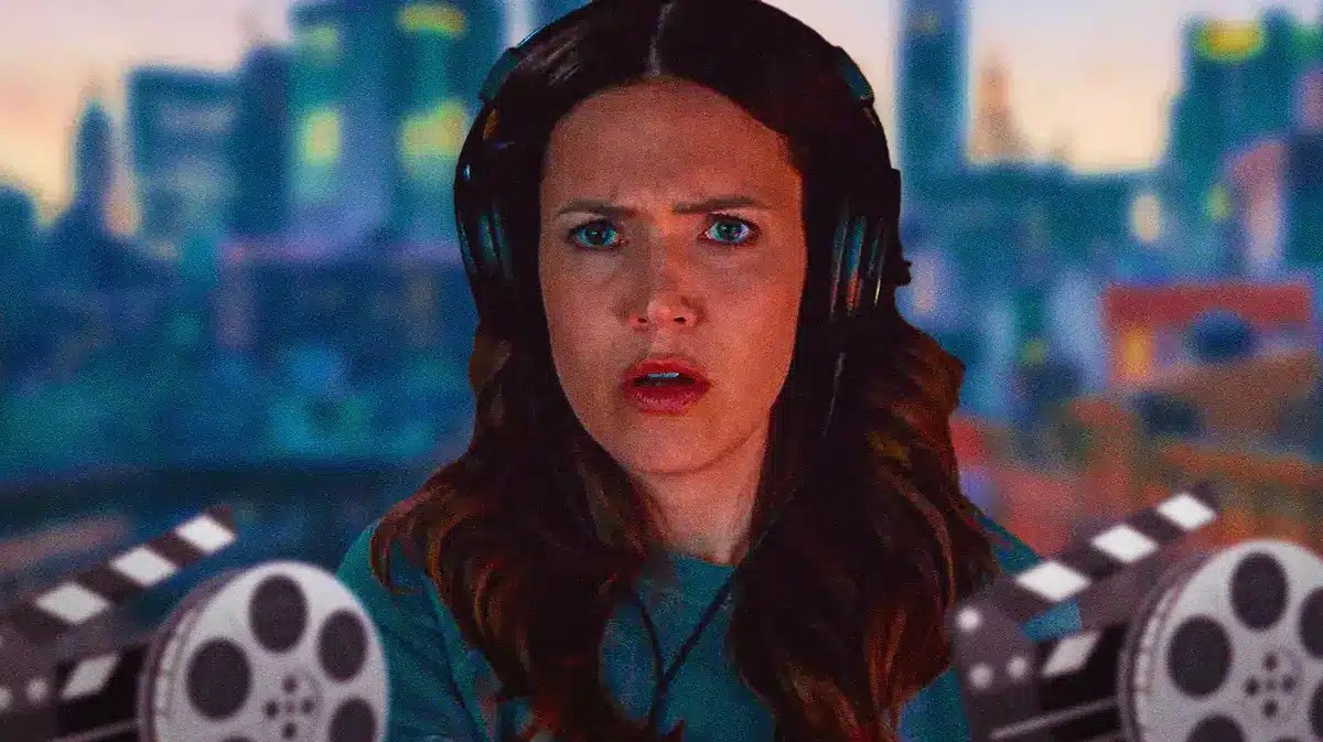 Mandy Moore with movie reels in front of her.