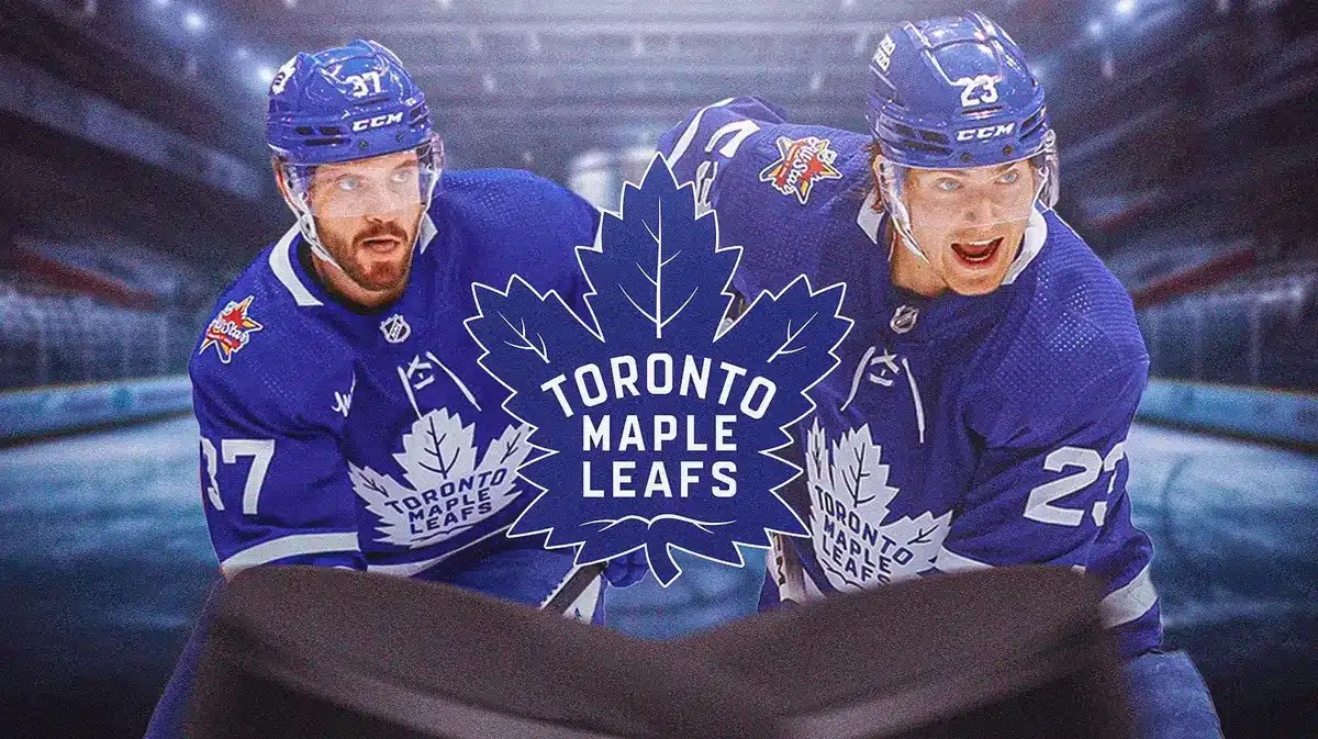 Timothy Liljegren and Matthew Knies both in image looking happy, TOR Maple Leafs logo, hockey rink in background