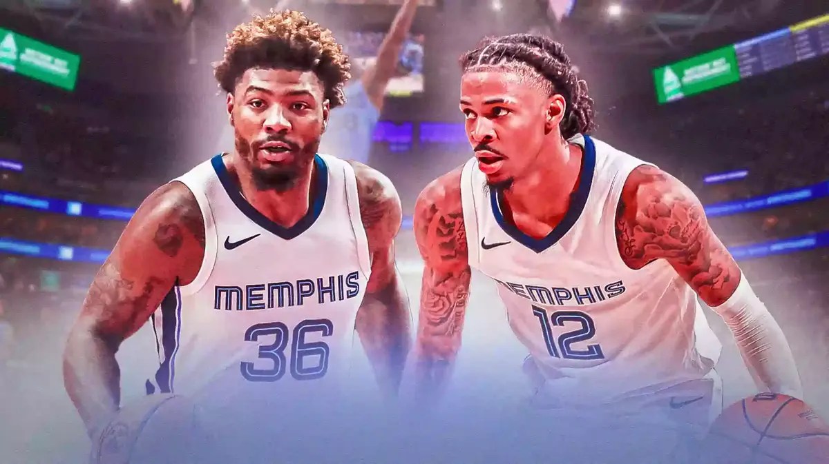 Memphis Grizzlies stars Marcus Smart and Ja Morant in front of the FedExForum.