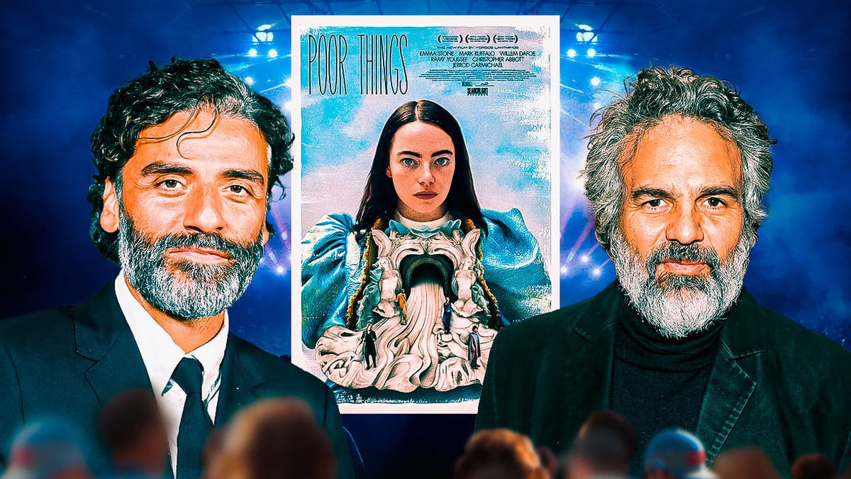 Mark Ruffalo and Oscar Issac with Poor Things movie poster.
